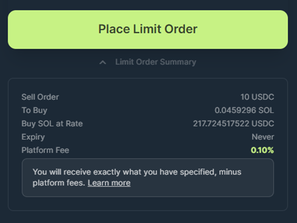 Limit Order Summary